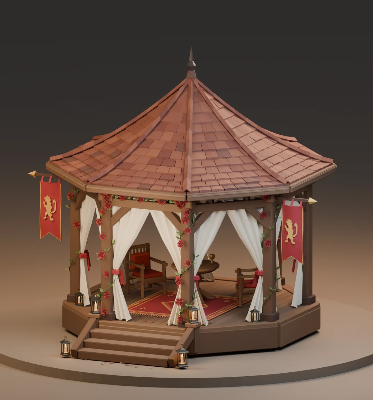 Rose Gazebo, with a curved tiled roof, white curtains, climbing roses and a furnished interior