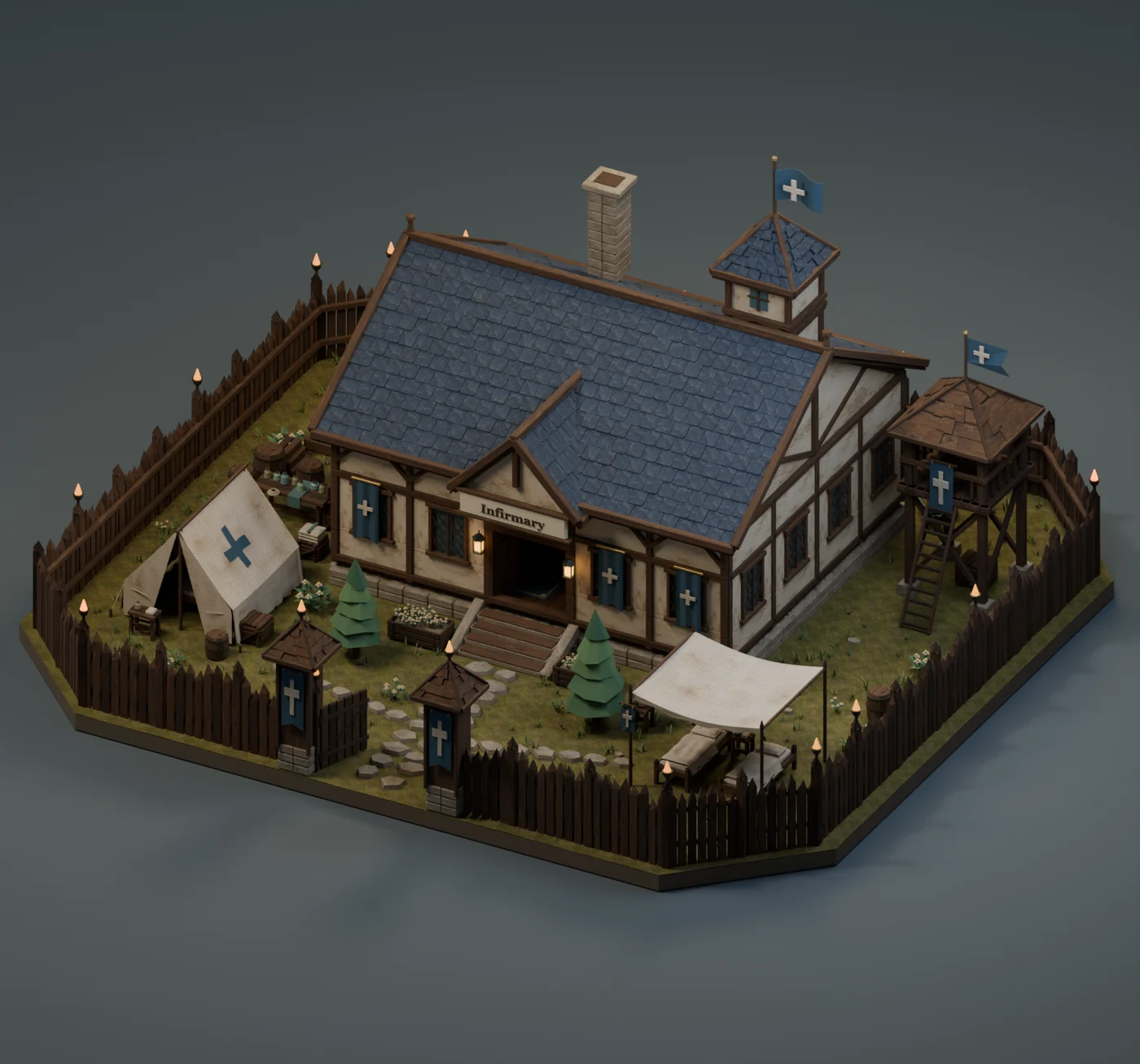 3D medieval infirmary with a blue slate roof, timber walls, medical banners and a furnished courtyard enclosed by a wooden palisade