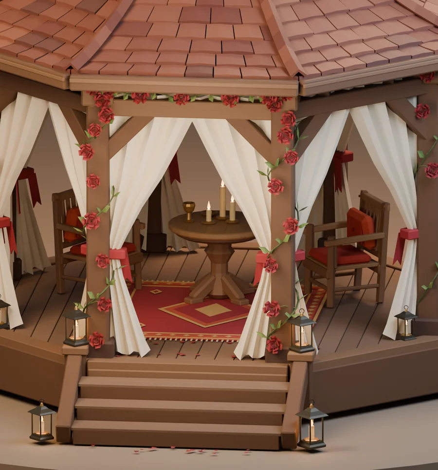 Modeled gazebo interior with wooden chairs, a candle table, a patterned rug and folded white curtains