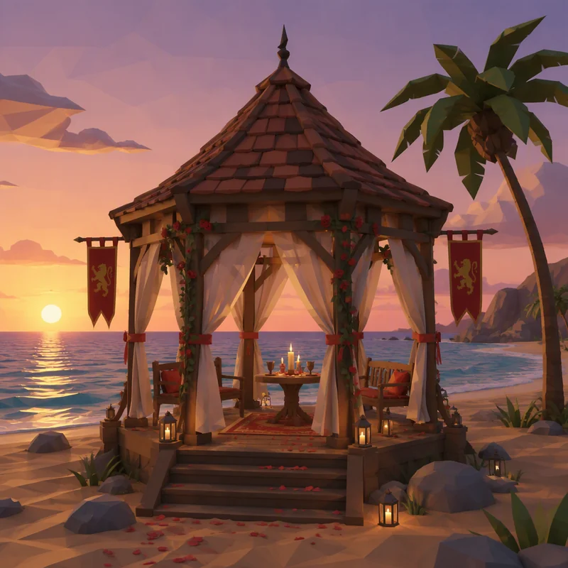 Concept reference of a rose-covered gazebo on a tropical beach at sunset