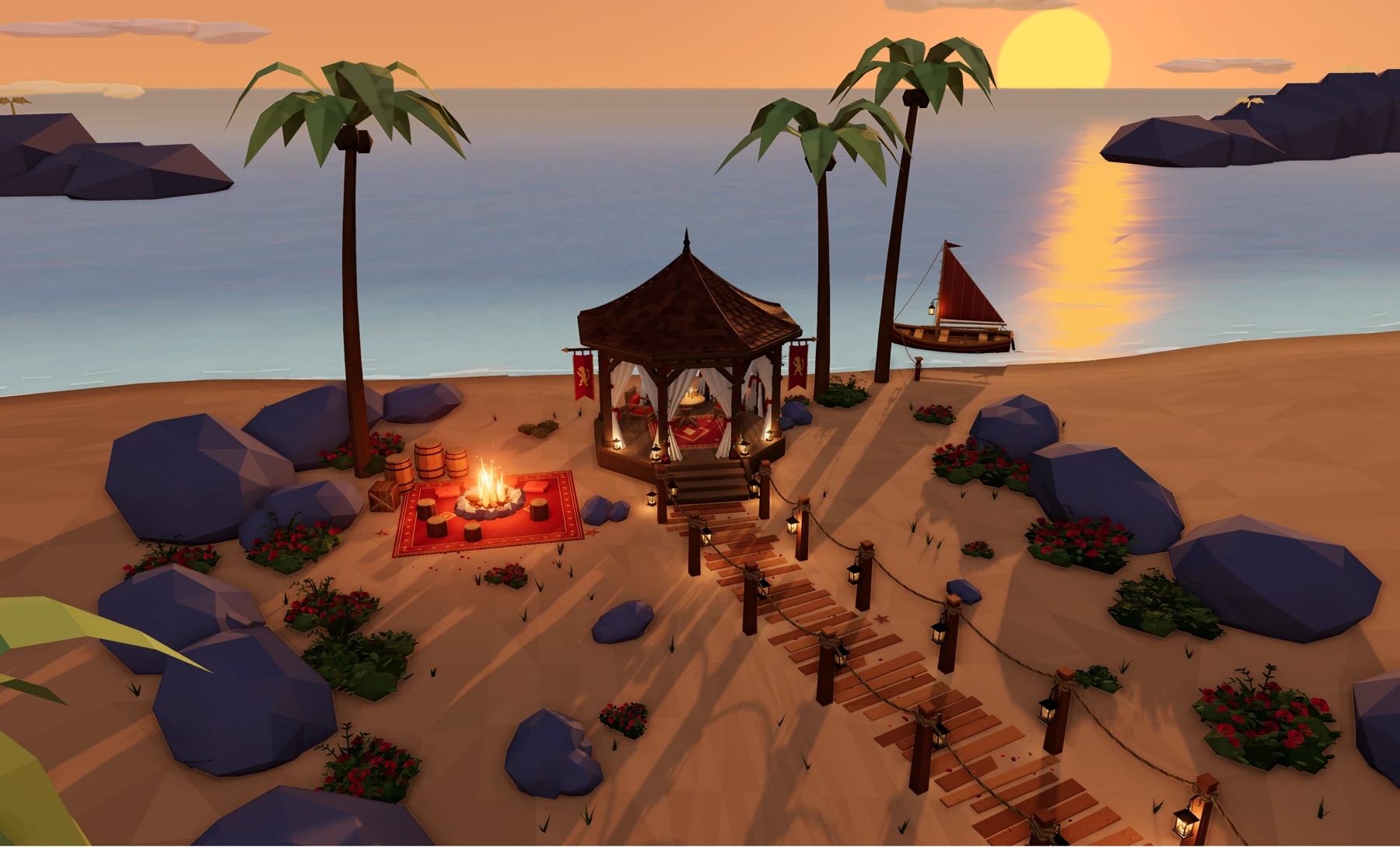 The 3D Sunset Cove scene: the original gazebo, uneven lantern walkway, privacy rocks, roses, a beach campfire and moored sailboat