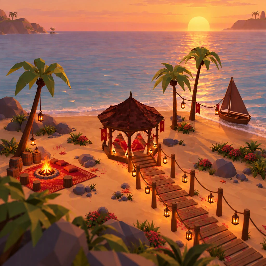 Sunset Cove reference: a gazebo, lantern boardwalk, beach firepit and sailboat beside a golden ocean