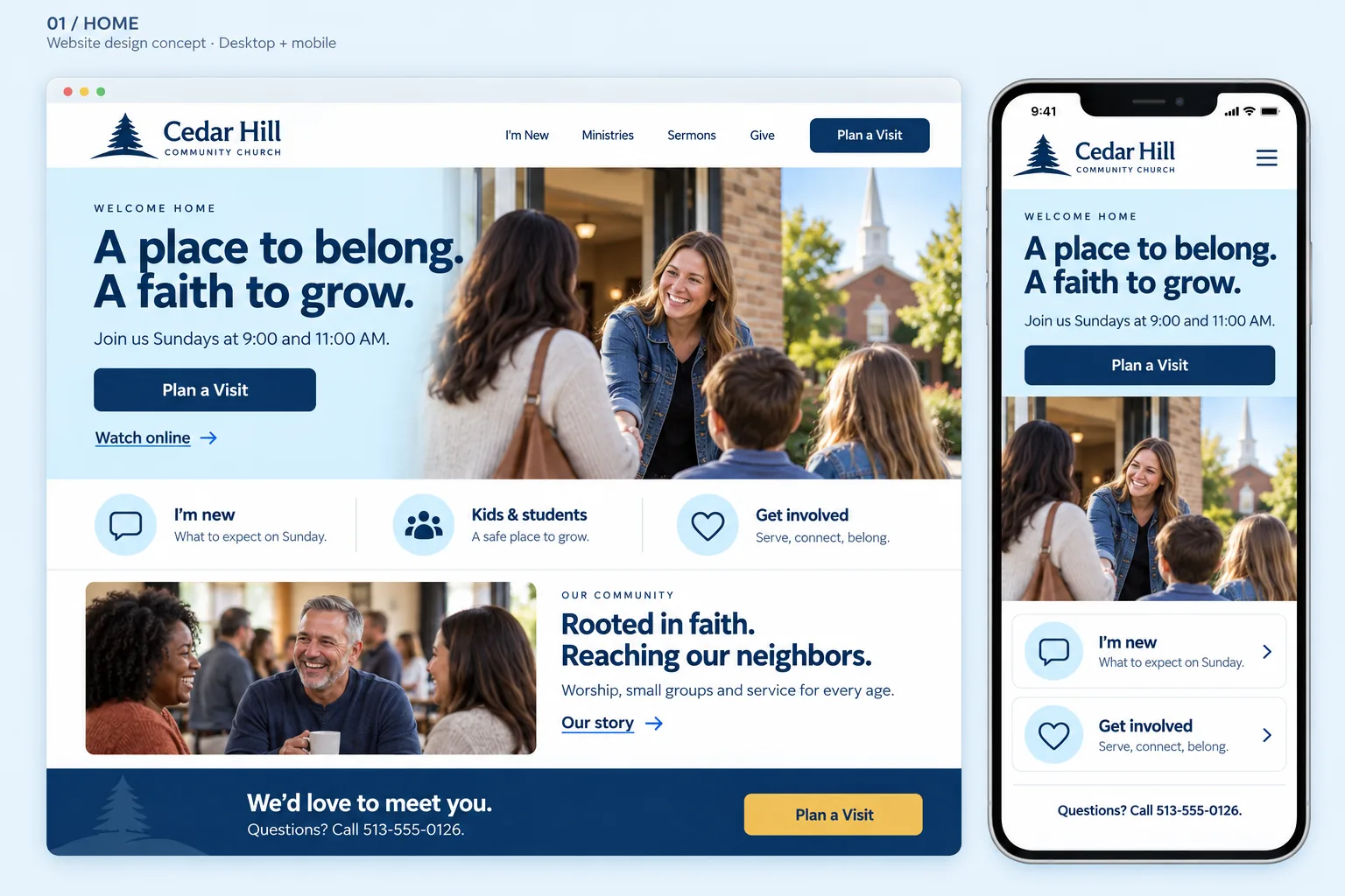 Website design concept board for the fictional Cedar Hill Community Church: a desktop home page and a phone view with a greeter welcoming a family at the church doors, the headline "A place to belong. A faith to grow.", and a Plan a Visit button.