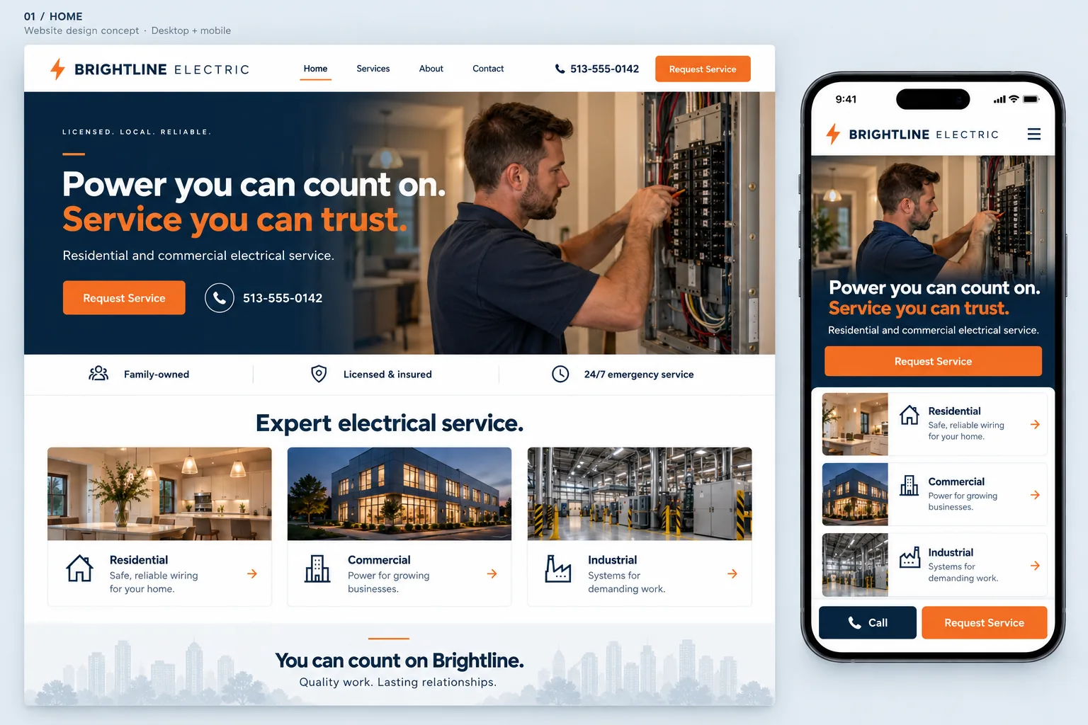 Website design concept board for the fictional Brightline Electric: a desktop home page and a phone view with an electrician working at a panel, the headline "Power you can count on. Service you can trust.", and residential, commercial and industrial service cards.