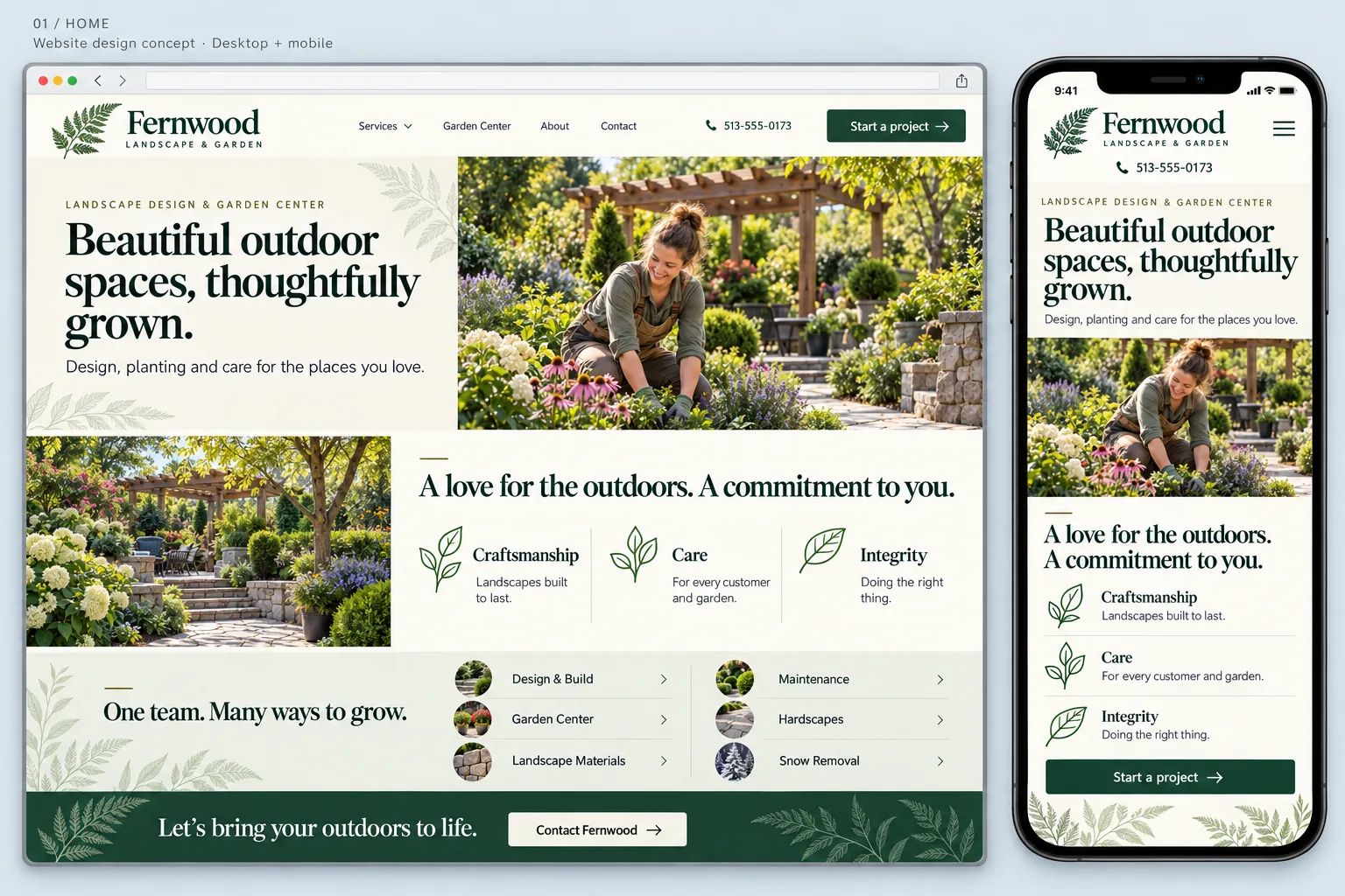 Website design concept board for the fictional Fernwood Landscape & Garden: a desktop home page and a phone view with a gardener planting flowers by a pergola, the headline "Beautiful outdoor spaces, thoughtfully grown.", and a list of landscape services.