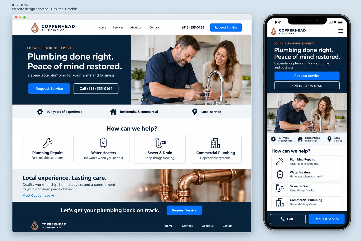 Website design concept board for the fictional Copperhead Plumbing Co.: a desktop home page and a phone view with a plumber fixing a kitchen tap beside a homeowner, the headline "Plumbing done right. Peace of mind restored.", and four service cards.