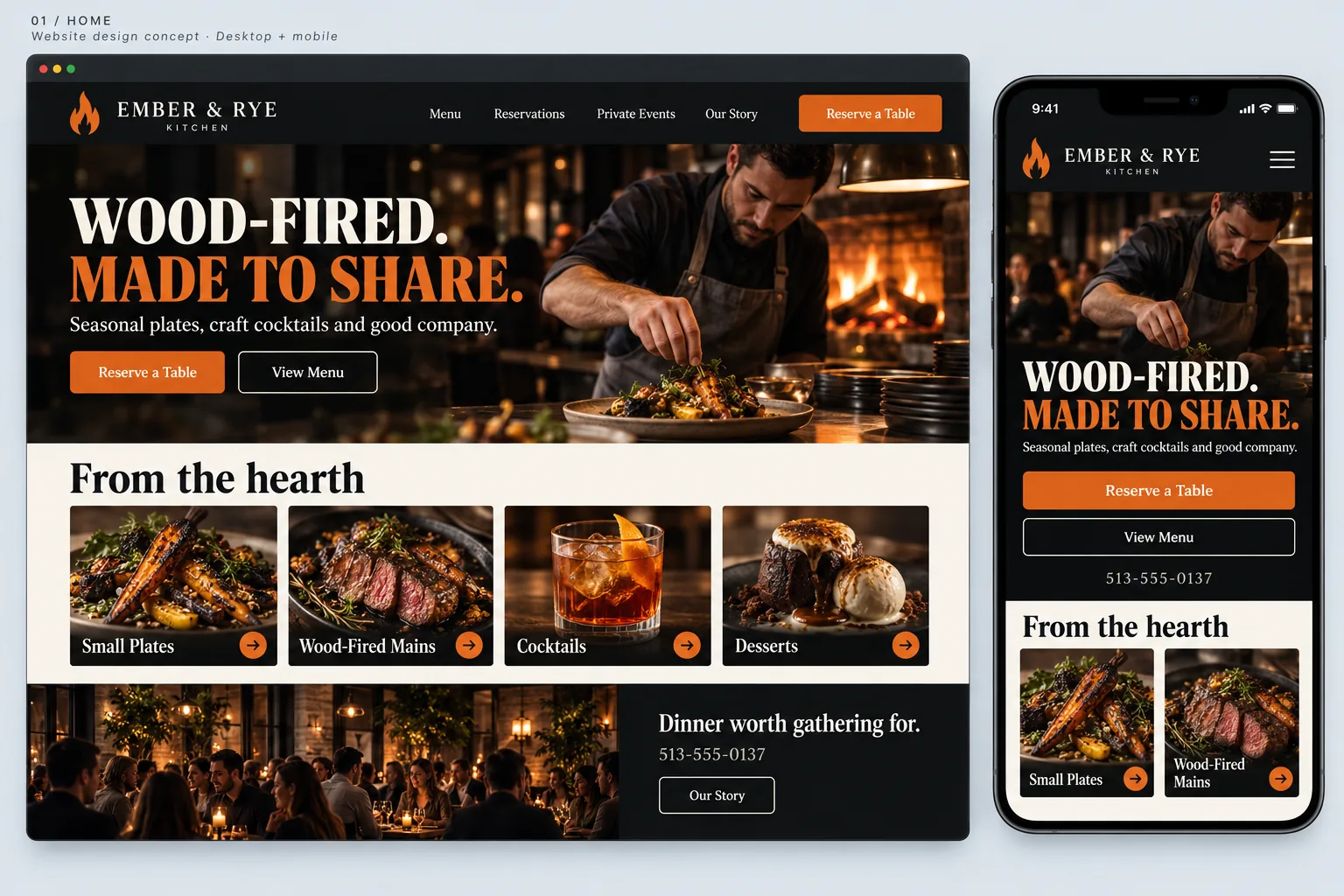 Website design concept board for the fictional Ember & Rye Kitchen: a dark desktop home page and a phone view with a chef plating a dish by a wood fire, the headline "Wood-fired. Made to share.", and four menu photo cards.