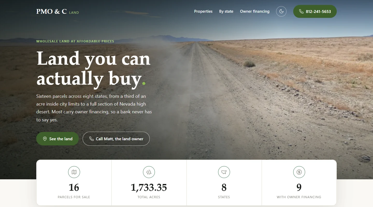 PMO & C's homepage with a Nevada land photograph, state browsing, owner-financing navigation and a Call Matt button.
