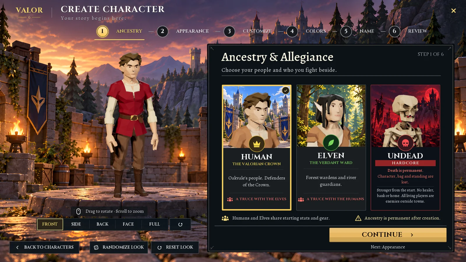 The Valor character creator: a 3D character stands in a castle courtyard at sunset beside three cards for choosing a Human, Elven or Undead character.