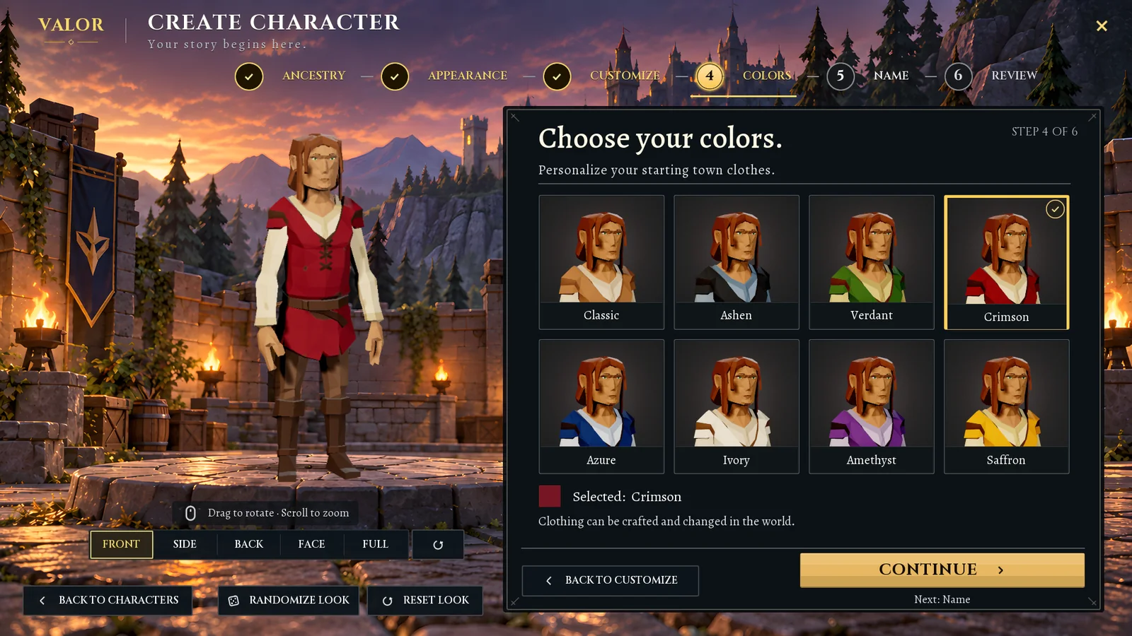 Step four of six: eight portraits of the character in different outfit colors, with Crimson selected.