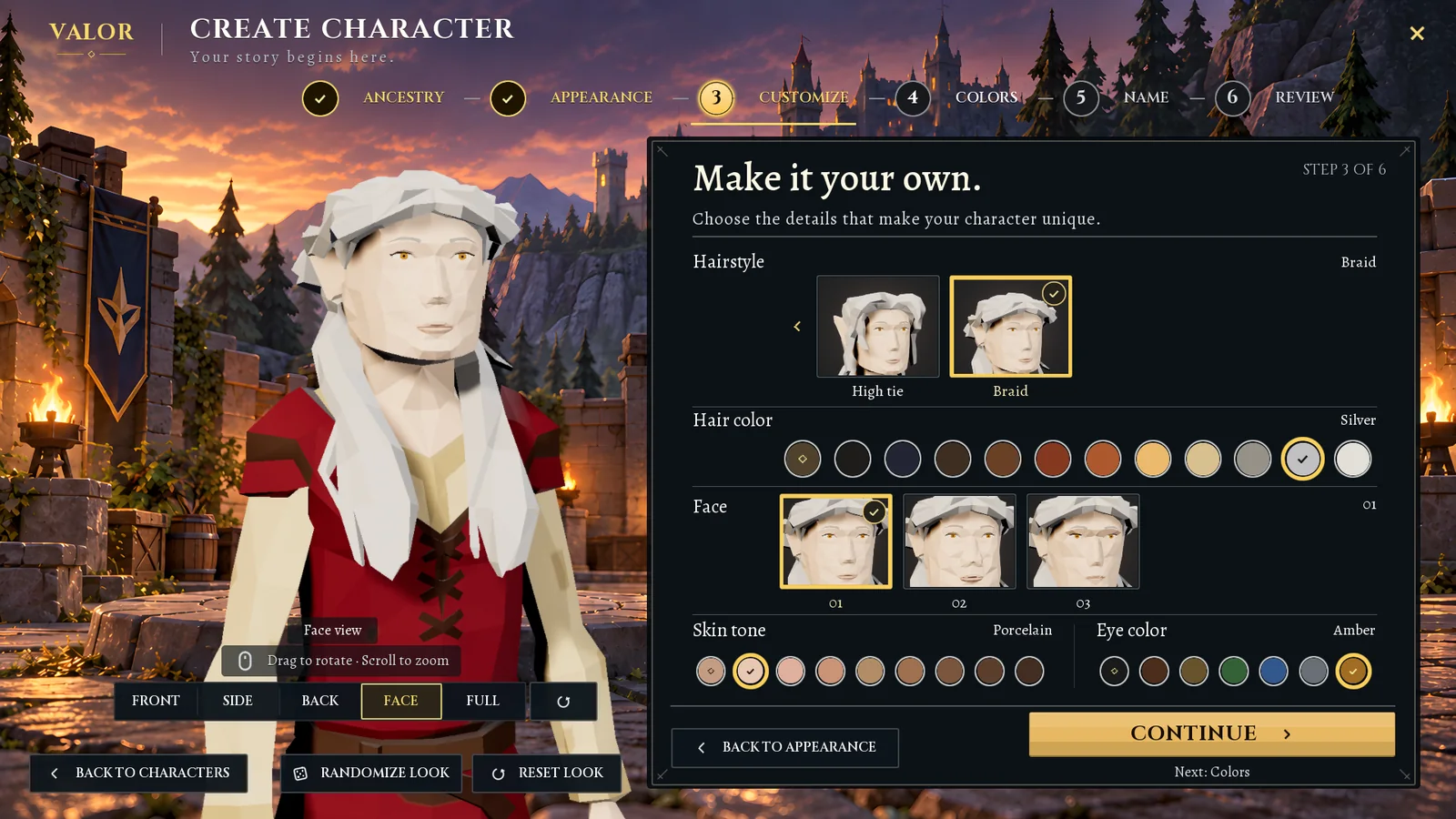 Step three of six for an elven character with a long silver braid, showing the same pickers with different hairstyles and amber eyes selected.