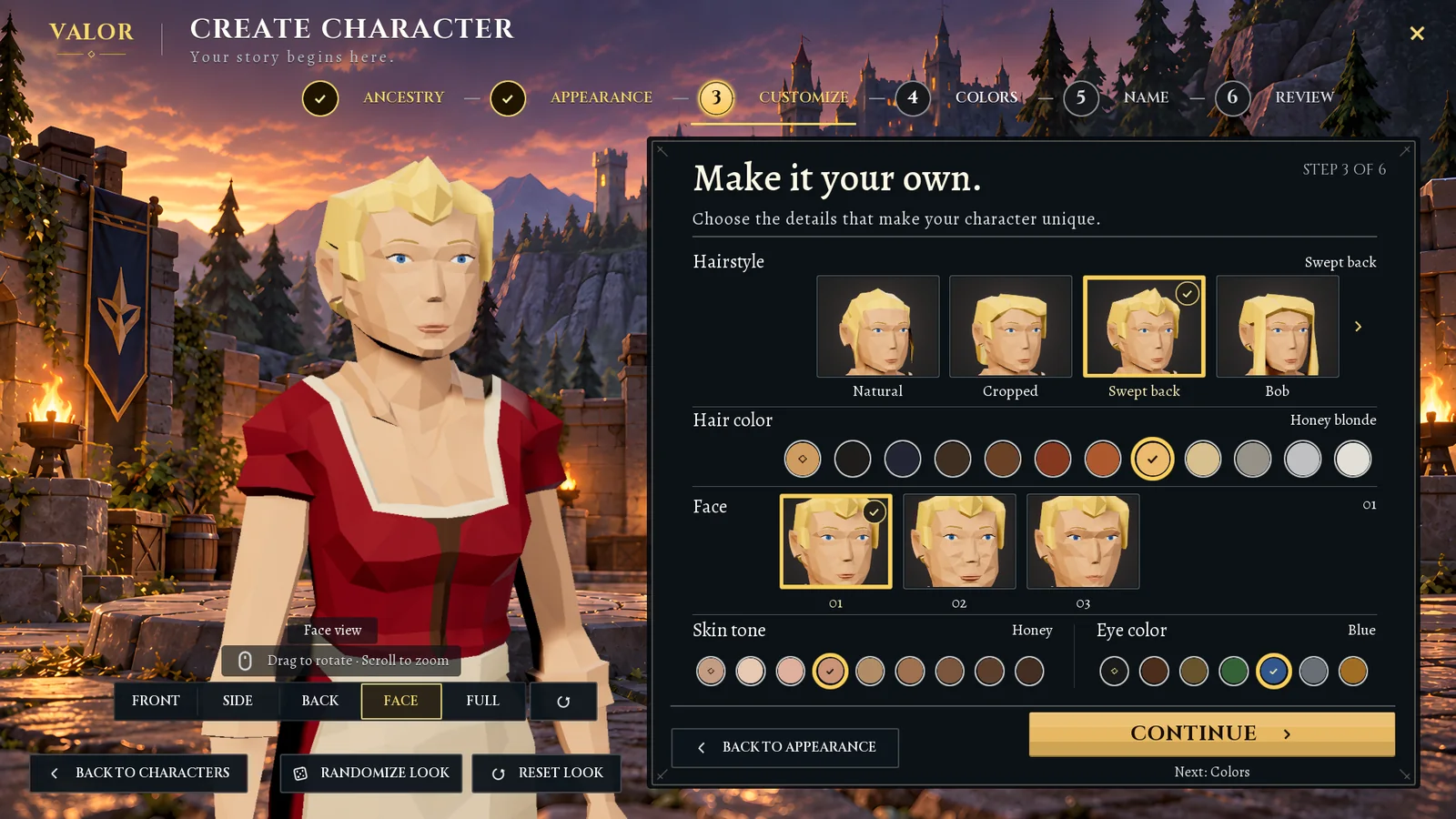 Step three of six: a close view of a blonde character beside pickers for hairstyle, hair color, face, skin tone and eye color.