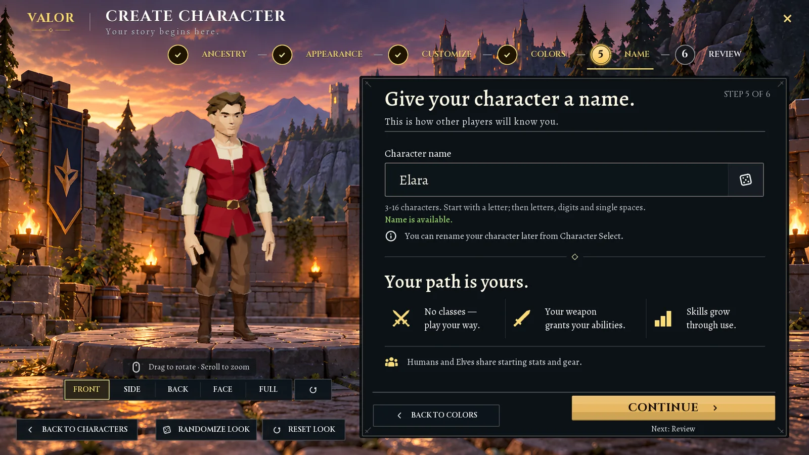 Step five of six: a name field containing Elara with the message Name is available, above a short summary titled Your path is yours.