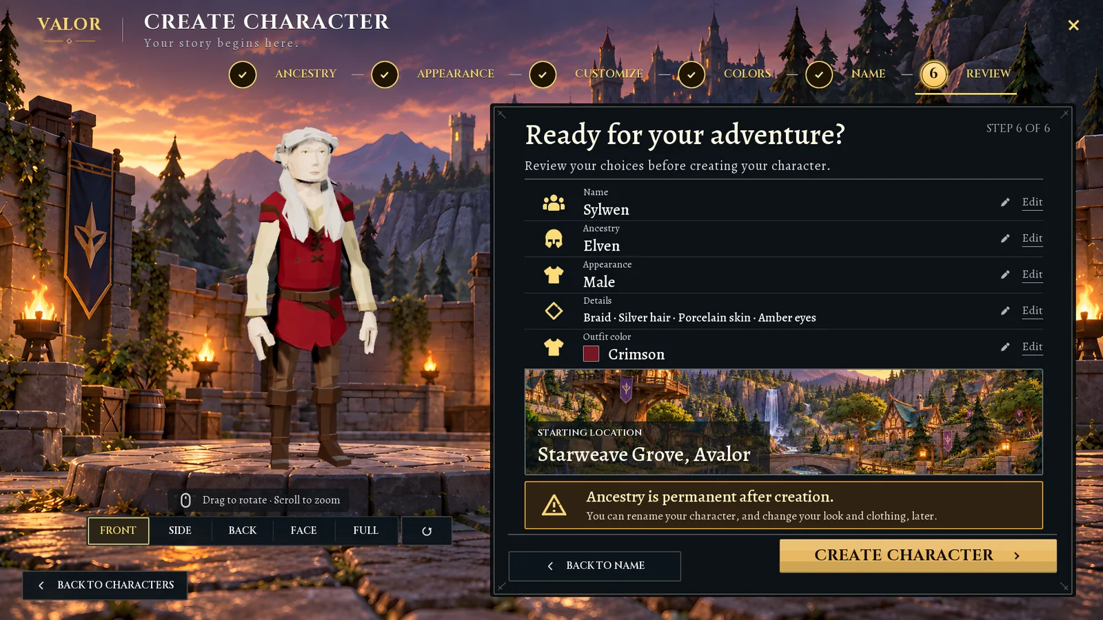 Step six of six: a review list of the character’s name, ancestry, body, appearance and outfit color, each with an Edit link, a picture of the starting location, and a Create Character button.
