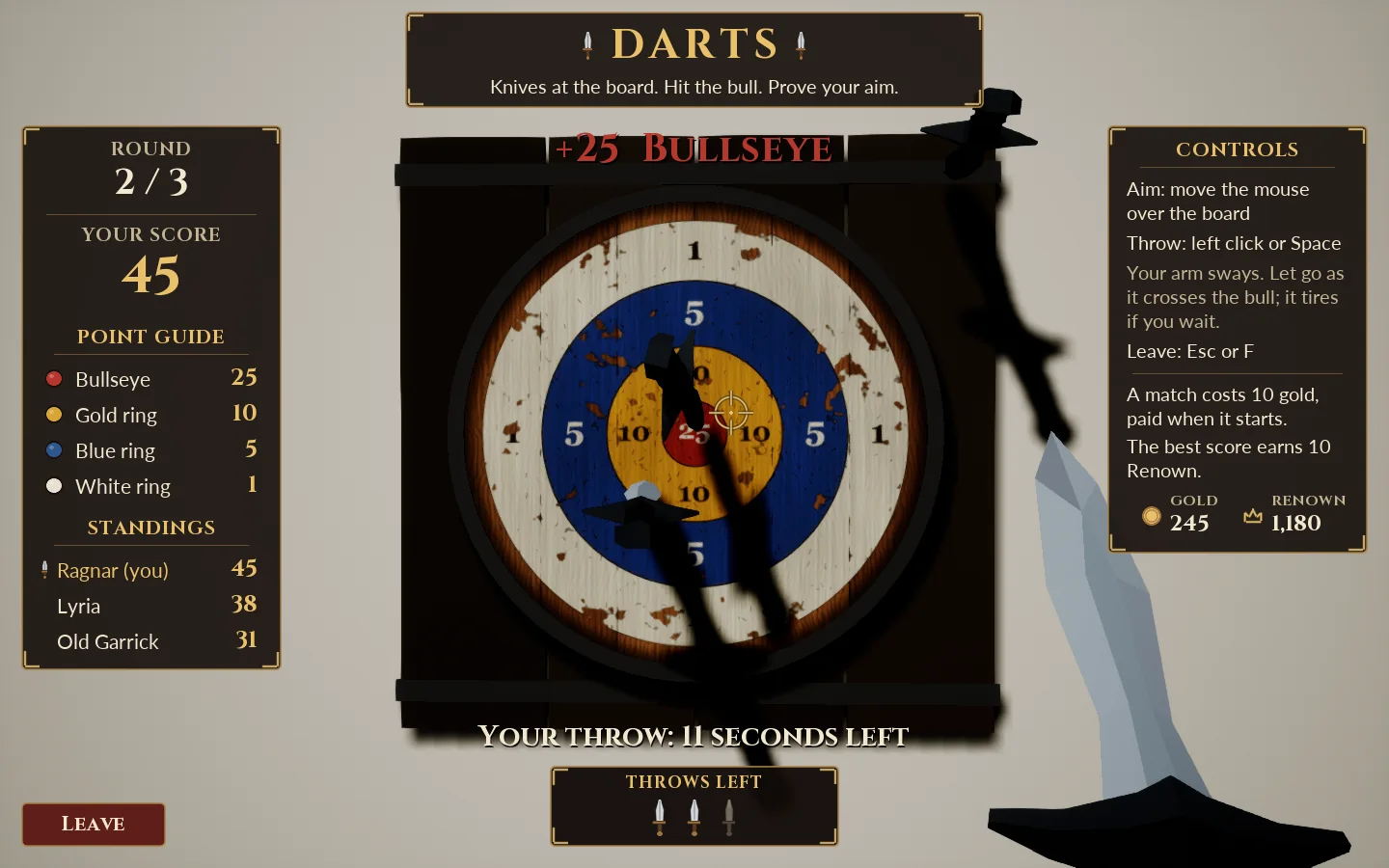The tavern darts screen: a dartboard in the middle, a round counter, score, point guide and standings on the left, and the controls on the right.