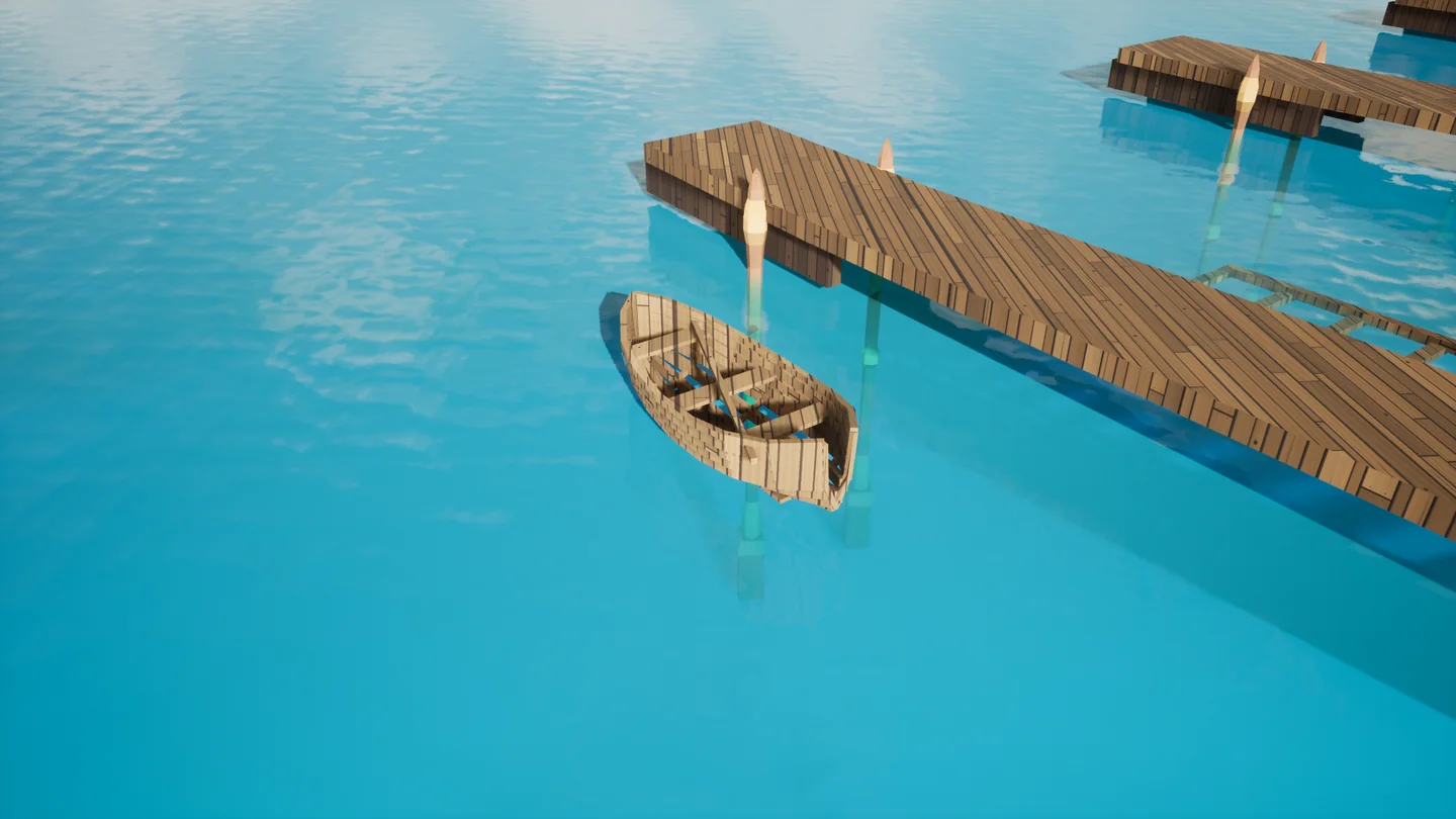 A small wooden boat moored beside a long timber jetty over clear turquoise water.