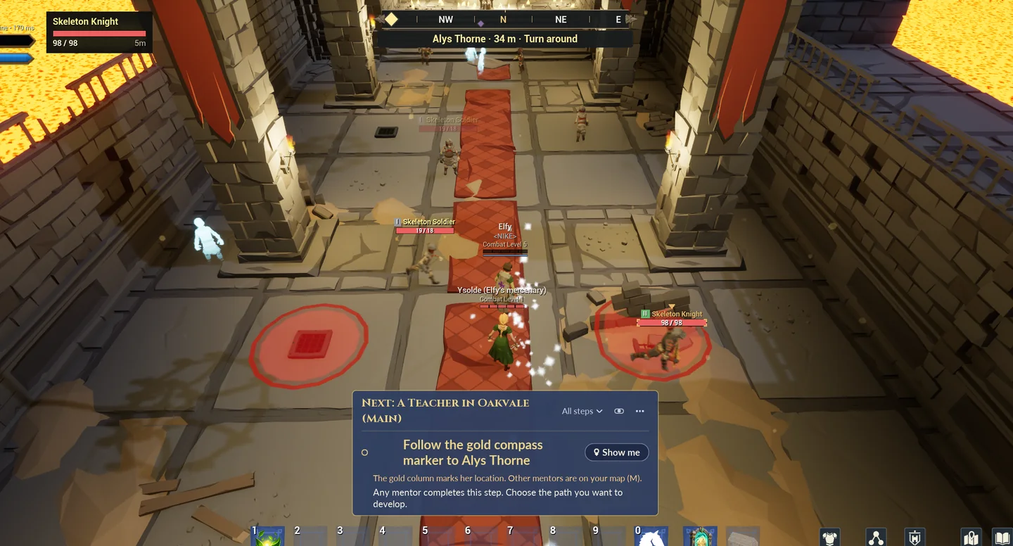 Seen from above, a player and a hired companion fight skeleton soldiers on a red carpet inside a stone keep surrounded by lava, with red warning circles on the floor and a quest card at the bottom of the screen.