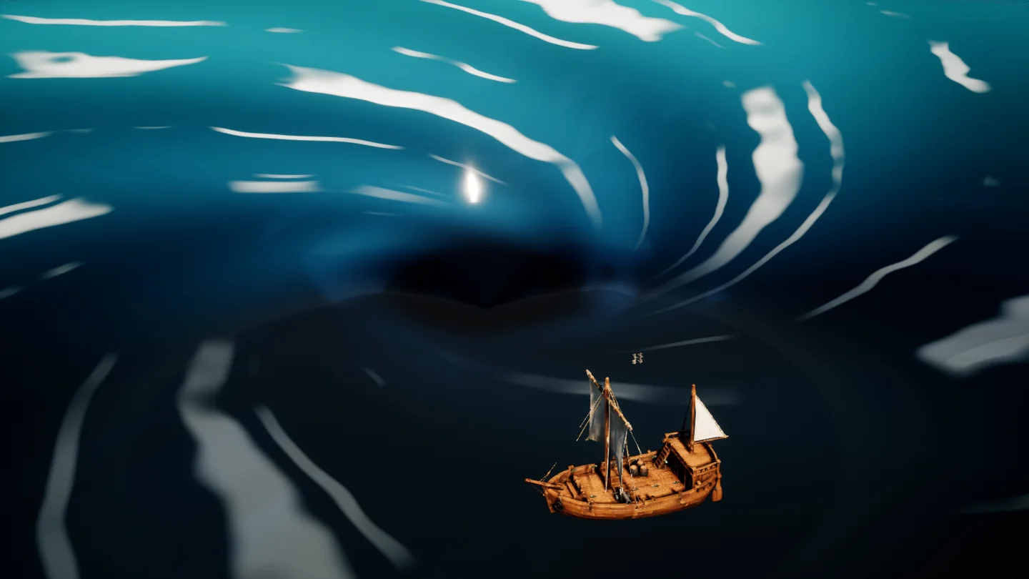 A small wooden sailing ship with a white sail at the edge of a dark whirlpool in deep blue water.