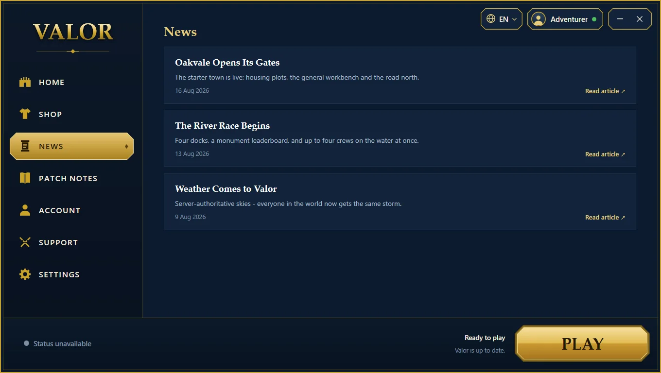The launcher’s News page listing three articles: Oakvale Opens Its Gates, The River Race Begins and Weather Comes to Valor, each with a date and a Read article link.