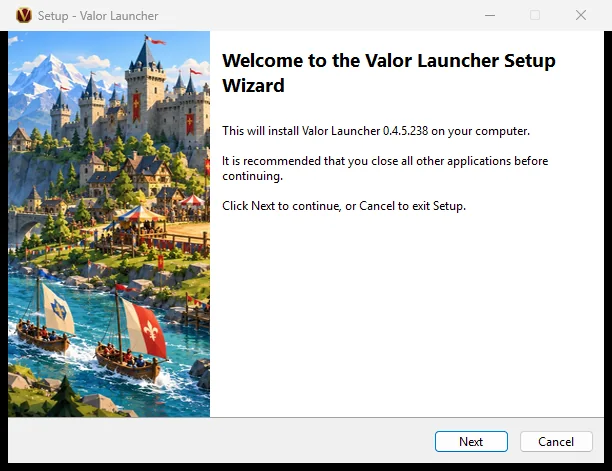 The Windows setup wizard for the Valor Launcher, with the game’s painted key art on the left and the text Welcome to the Valor Launcher Setup Wizard.