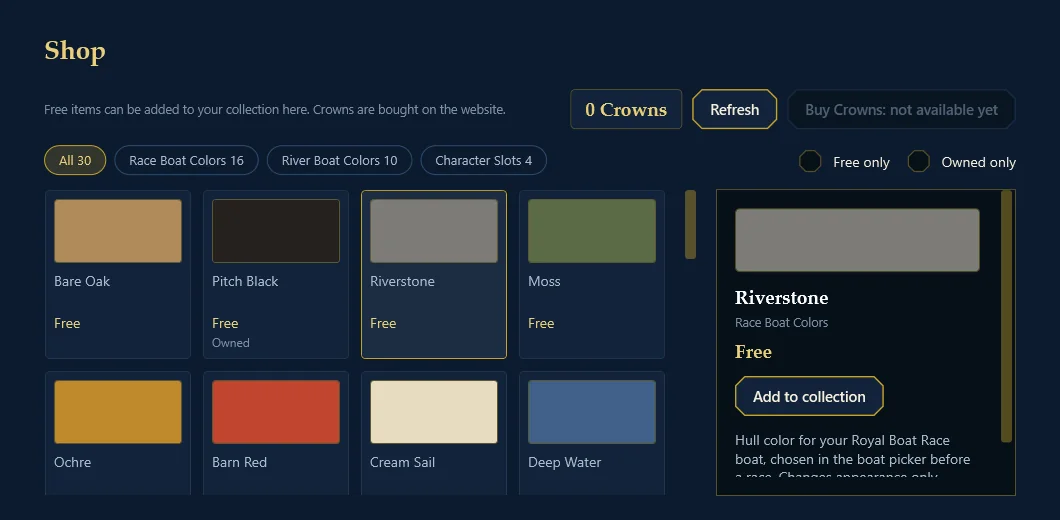 The launcher’s Shop page: a grid of color swatches for boat hulls such as Bare Oak, Pitch Black, Riverstone and Moss, each marked Free, with a detail panel and an Add to collection button.