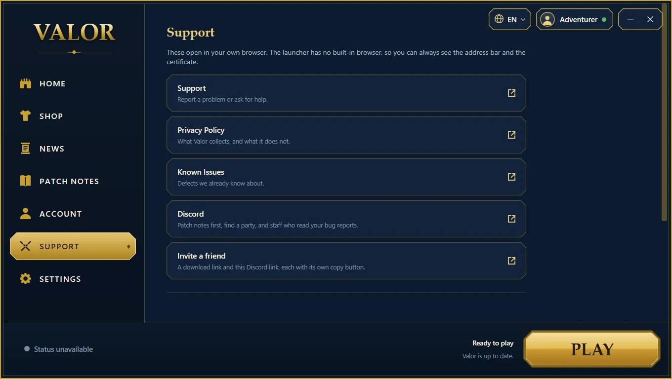 The launcher’s Support page with five links: Support, Privacy Policy, Known Issues, Discord and Invite a friend, each marked as opening in the browser.