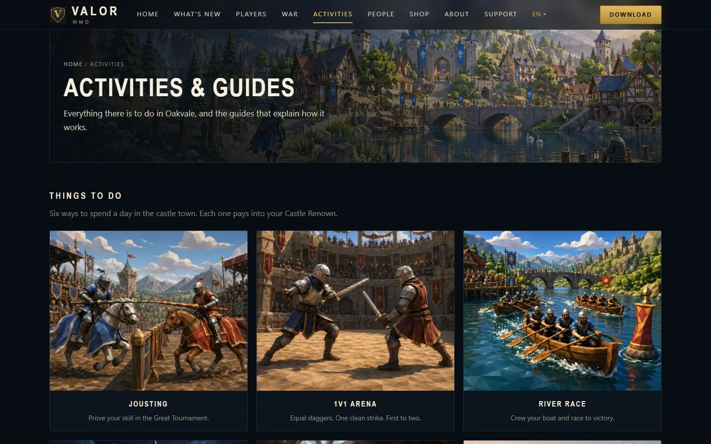 The Activities and Guides page: a heading over a painted castle town, and a row of cards for Jousting, the 1v1 Arena and the River Race.