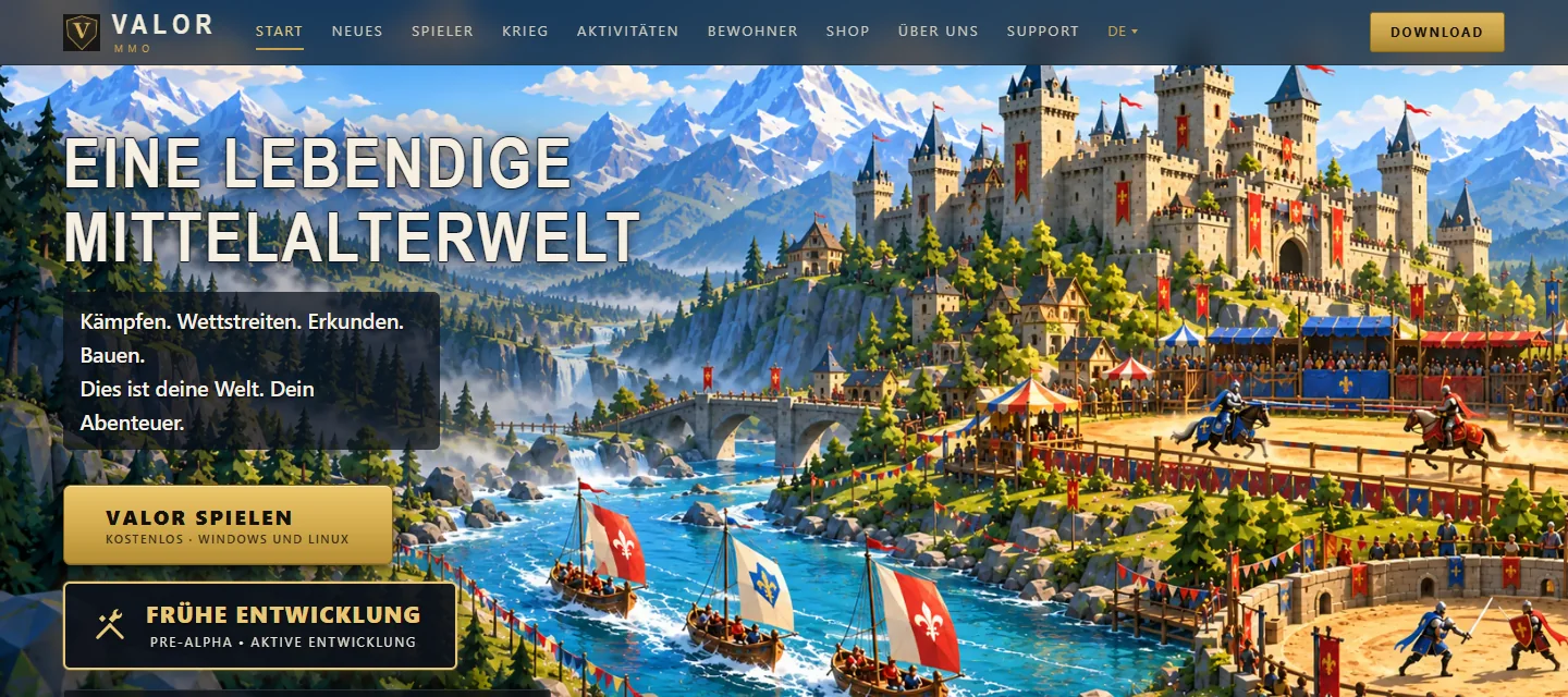 The Valor MMO home page in German, with the headline Eine lebendige Mittelalterwelt and translated menu and buttons.