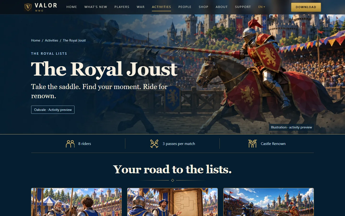 The Royal Joust guide page: a knight on horseback with a lance under the title The Royal Joust, and a strip showing eight riders, three passes per match and the reward.