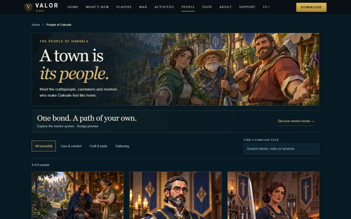 The People of Oakvale page: the heading A town is its people over painted portraits, with filters and a search box above a grid of character portraits.