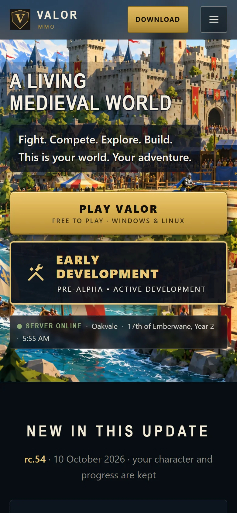 The Valor MMO home page on a phone: the headline, the Play Valor button, the Pre-Alpha notice and the server status stacked in one column.
