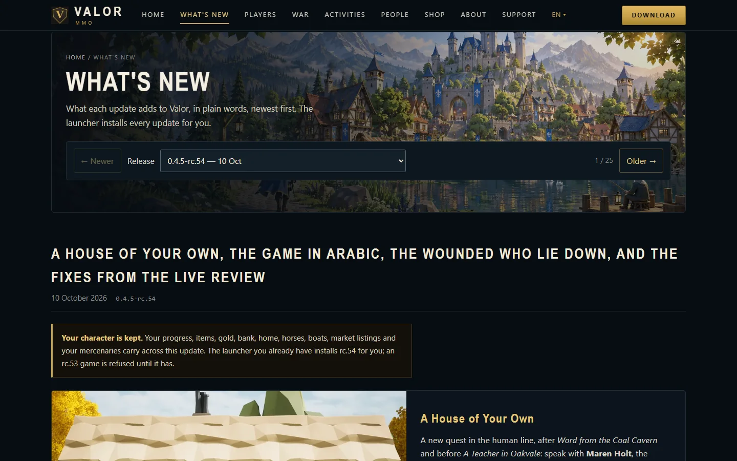 The What’s New page: a release picker set to the latest build, and the headline and summary of that update.