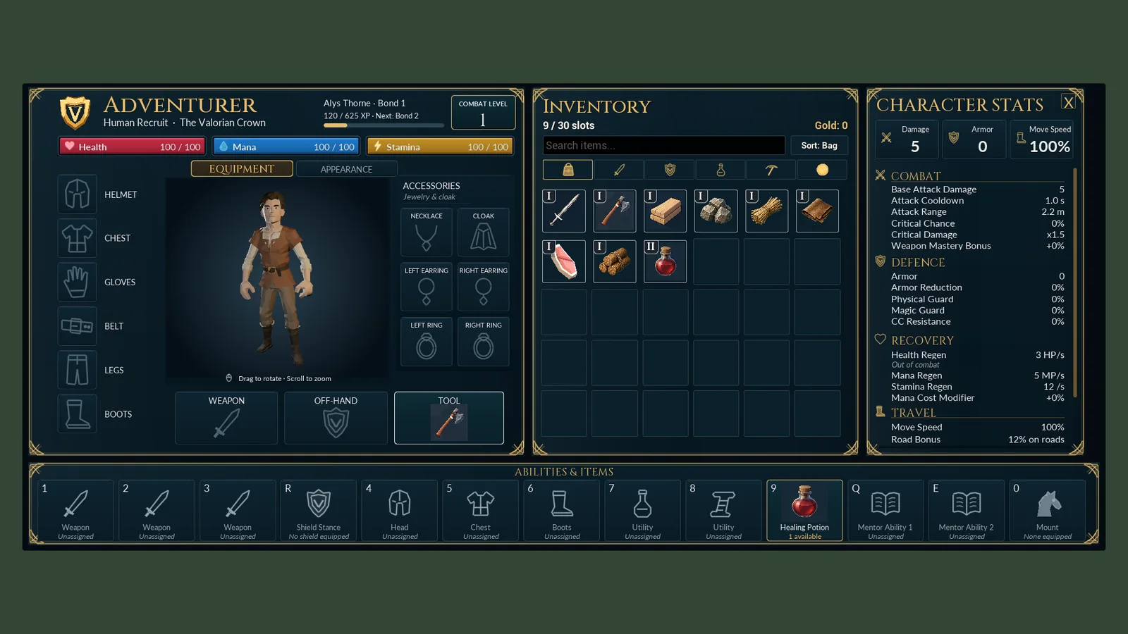 Three game windows side by side: a character sheet with a 3D figure and equipment slots, an inventory grid holding a few items, and a panel of character statistics, above a bar of ability slots.