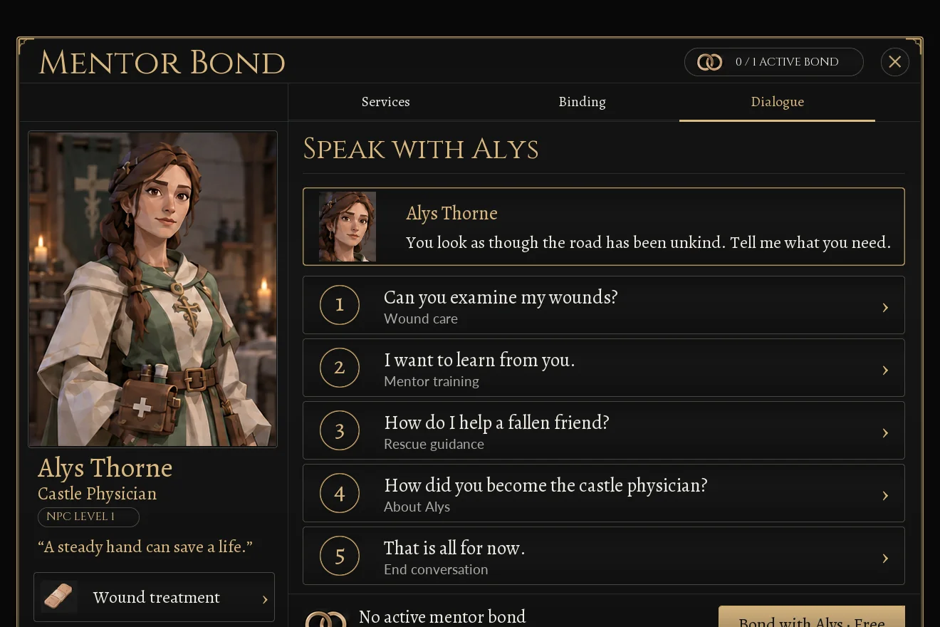 A conversation window titled Mentor Bond: a portrait of Alys Thorne, the castle physician, beside five numbered replies the player can choose.