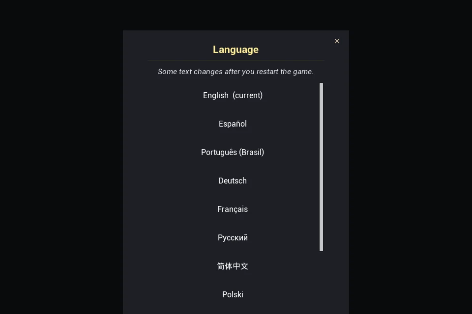 The in-game Language menu listing English, Español, Português (Brasil), Deutsch, Français, Russian, Chinese, Polski and Italiano, each written in its own language.