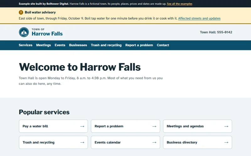 The Harrow Falls home page: a yellow boil water advisory across the top, the town seal, a blue navigation bar and a welcome heading.