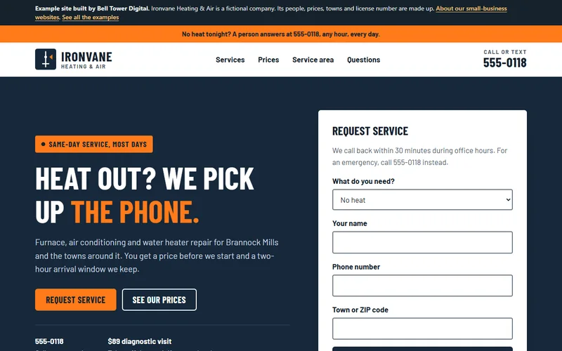 The Ironvane Heating and Air home page: a dark navy hero reading &lsquo;Heat out? We pick up the phone&rsquo; beside a white request-service form, with an orange emergency strip across the top.