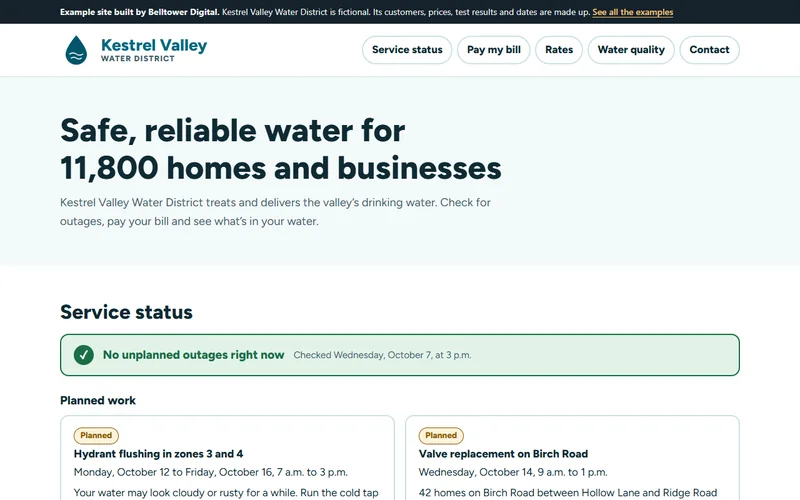 The Kestrel Valley Water District home page: a droplet logo, rounded navigation buttons and a green panel reading &lsquo;No unplanned outages right now.&rsquo;