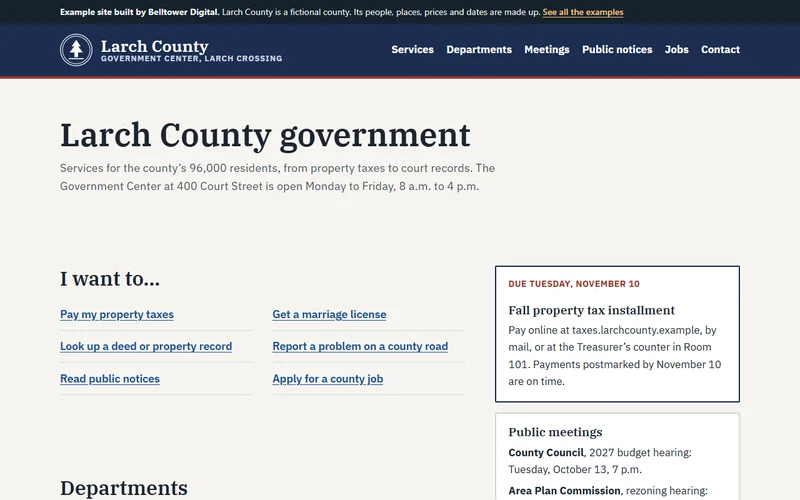 The Larch County home page: a navy header with the county seal, an &lsquo;I want to&rsquo; list of common tasks and a property tax reminder.