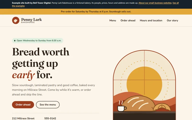 The Penny Lark Bakehouse home page: a cream background, the headline &lsquo;Bread worth getting up early for&rsquo; and an illustration of a loaf and a croissant in an arched window.